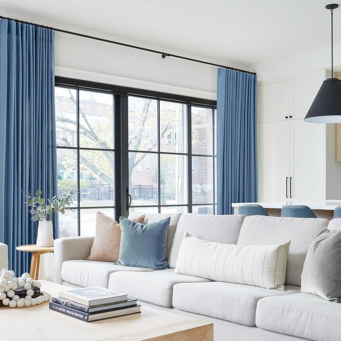 Denim Blue Curtains for Living Room Back Tab Modern Farmhouse Semi Sheer Blue Curtains 96 inches Long 2 Panels Set Muted Neutral Window Curtain for Dining Room Bedroom 52x96