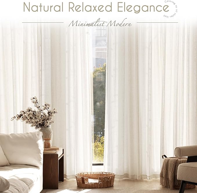 2 Panels Set Cream Linen Curtains 132 inches Long For Living Room Neutral Farmhouse Light Filtering Semi Sheer Linen Drapes 132 inch Ceiling To Floor For Large Window Villa Hallway Ivory FT 60x132