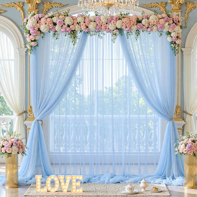 Baby Blue Sheer Backdrop Curtains for Baby Shower Boys Birthday Party Wedding 2 Panels 5 ft X 10 ft Baby Blue Tulle Backdrop Curtains for Party Photoshoot Background Decorations