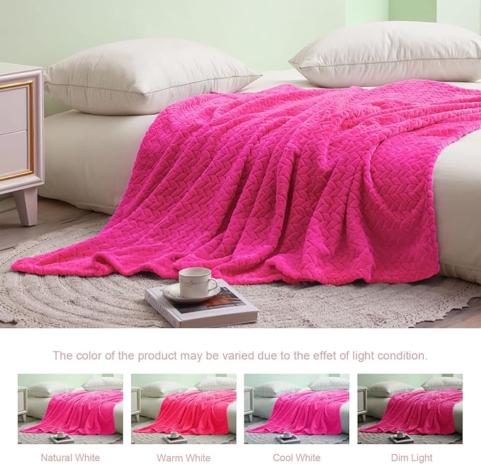 Exclusivo Mezcla Fleece King Size Blanket for Bed, 90x104 Inches Soft Cozy Jacquard Flannel Blankets, Lightweight Fuzzy Plush Warm for Women, Hot Pink