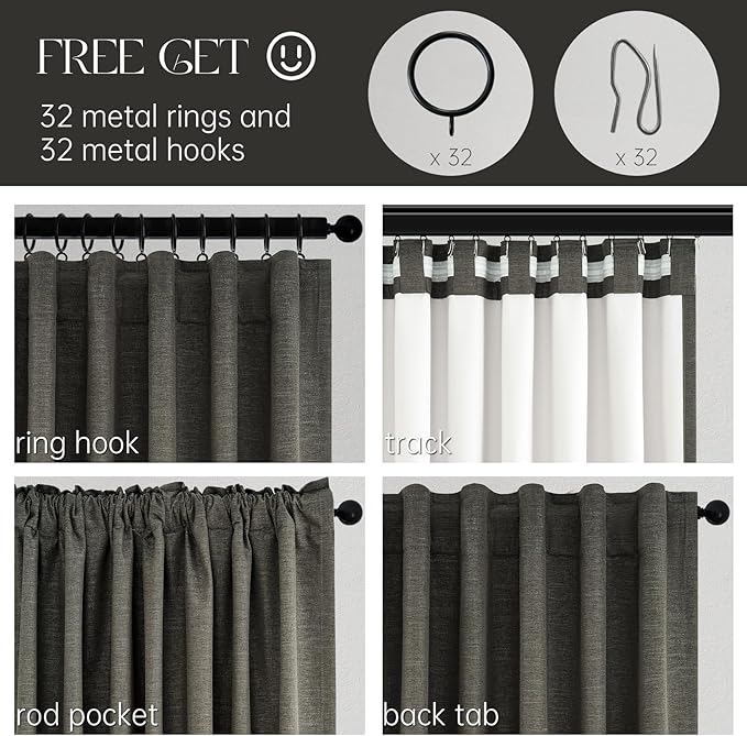 94 Inch Long Gray Blackout Curtains for Bedroom 2 Panels Set Modern Linen Blend Texture Back Tab Pleated Floor to Ceiling Thermal Drapes Hooks Rings Window Drapes Decor (W52 x L94 Charcoal Grey)