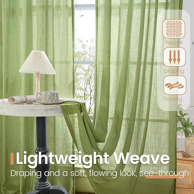 BGment Green Linen Curtains 45 Inch Length for Kitchen Cafe Window - Short Semi Sheer Natural Textured Drapes Rod Pocket Rustic for Small Living Dining Room Lightweight, 2 Panels Set, 42 X 45 Inch