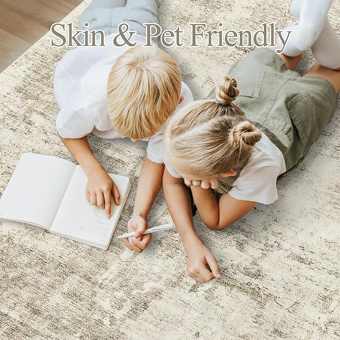 6x9 Abstract Area Rugs for Living Room 6 x 9 Washable Non Slip Low Pile Gray Rugs for Bedroom Dining Room Foldable Thin Beige Gray