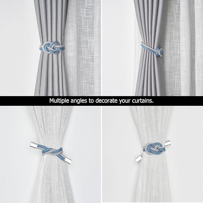 NICEEC 2 Pack Mini Magnetic Curtain Tiebacks Nordic Simple Style Drape Tie Backs Elegant Hand Weave Rope Knot Decorative Curtain Holdbacks for Home & Office Thin Window Drapery (Blue & Grey)