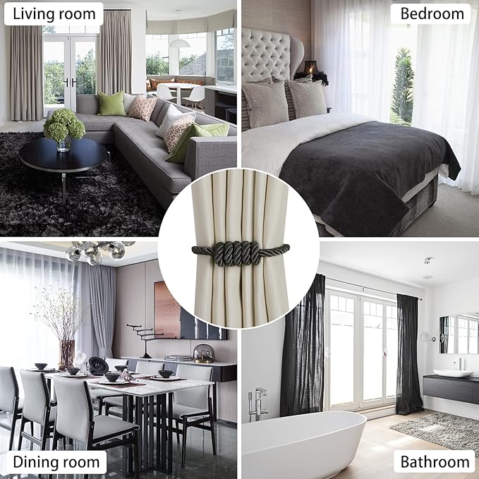 BEL AVENIR Magnetic Curtain Tiebacks, Decorative Drapery Holdbacks Modern Woven Tie-Backs with Exquisite Knot (Charcoal, 6 Pack)