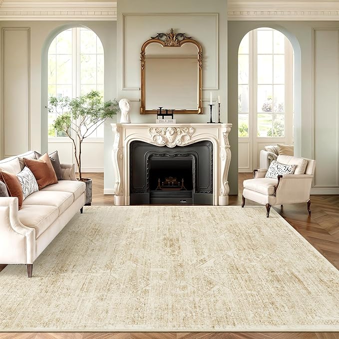 6x9 Area Rug for Living Room Floral Washable Non-Slip Modern Rugs for Bedroom Dinning Room Ultra-Thin Indoor Beige