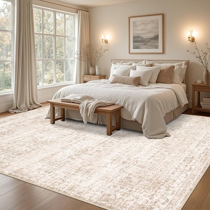 Area Rugs 9x12 Living Room Rug: Washable Rug Soft Vintage Boho Carpet Indoor Floor Non-Slip Stain Resistant Large Carpets for Bedroom Dining Room Farmhouse Nursery Home Office Beige