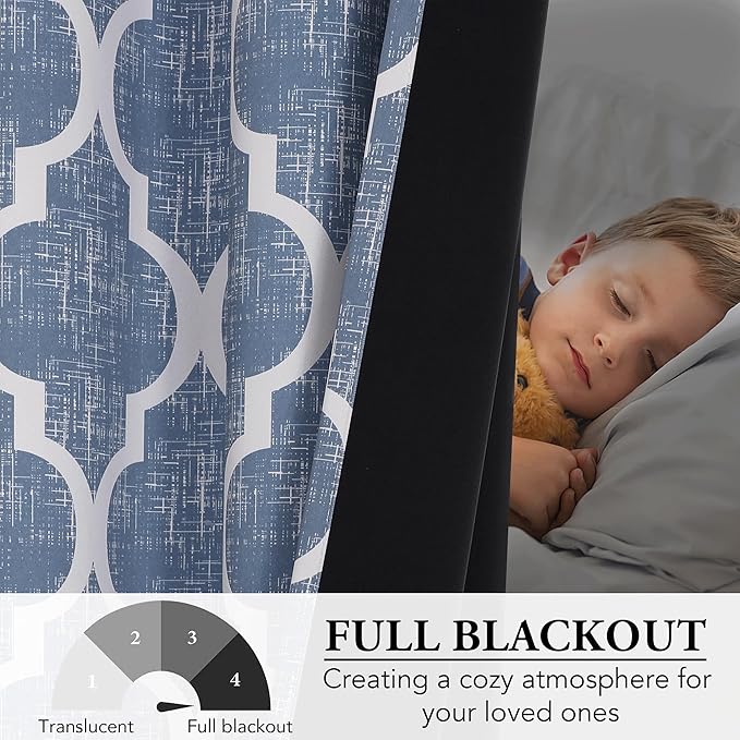 Beauoop 100% Blackout Curtains 90 Inches Long 2 Panels for Bedroom Living Room Blue Moroccan Geo Room Darkening Thermal Insulated Soundproof Grommet Top Window Treatments Drapes, 50x90 Set of 2