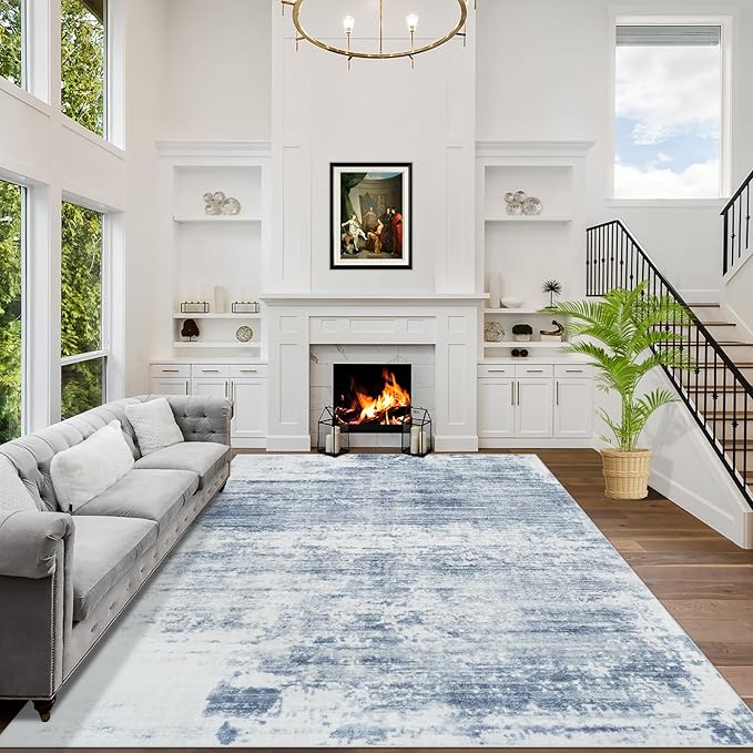 5x7 Area Rugs Washable Rug: Modern Abstract Living Room Rug Soft Anti-Skid Thin Carpet Indoor Floor Non-Shedding Carpets for Bedroom Dining Room Farmhouse Nursery Home Office - Blue White