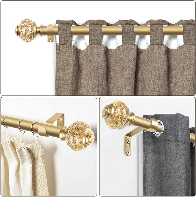 7/8 inch Curtain Rods for Windows 66 to 120 Inch, USFOOK Telescoping Splicing Drapery Rods, Decoration for Home with Luxury Gold Decorative Translucent Finials