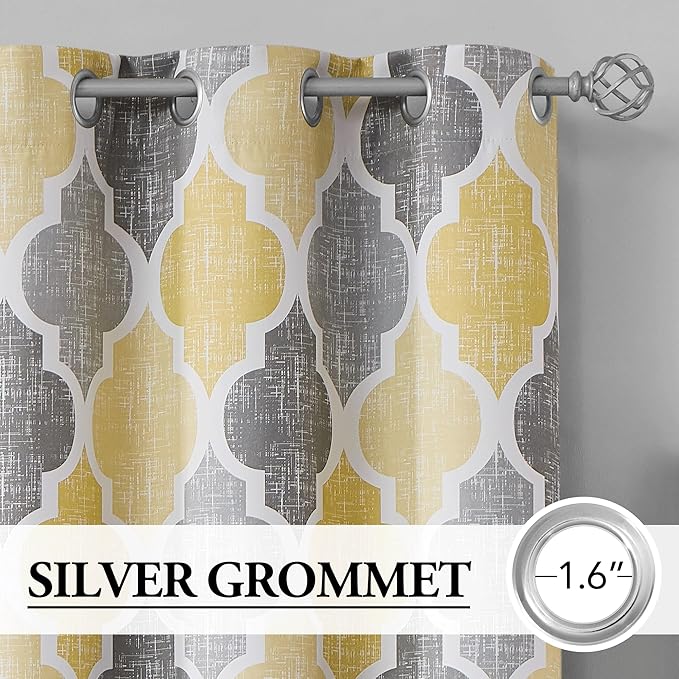 Beauoop 100% Blackout Curtains 45 Inches Long 2 Panels for Bedroom Living Room Yellow Grey Moroccan Geo Room Darkening Thermal Insulated Soundproof Grommet Top Window Treatments Drapes, 50x45 Set of 2