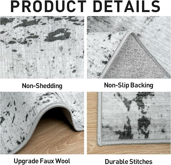 4x6 Area Rugs Washable Rug: Modern Abstract Living Room Rug Soft Anti-Skid Thin Carpet Indoor Floor Non-Shedding Carpets for Bedroom Dining Room Farmhouse Nursery Home Office Black White Grey
