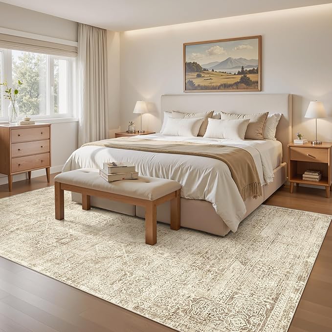 5x7 Area Rugs Brown Low Pile Indoor Washable Trendy Faded Style Floral Rugs for Bedroom Living Room Dining Room Foldable Non-Slip Thin Print Mat