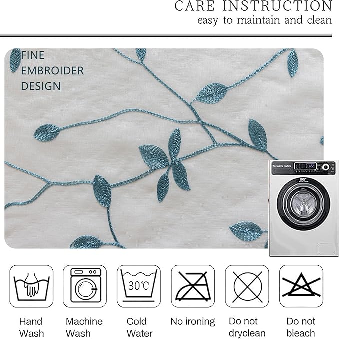 AmHoo 2 Panels Embroidered Leaf Pattern Semi Sheer Curtains Foliage Floral Voile Window Draperies Treatment for Bedroom Living Room Rod Pocket White Teal 53 x 84 Inch