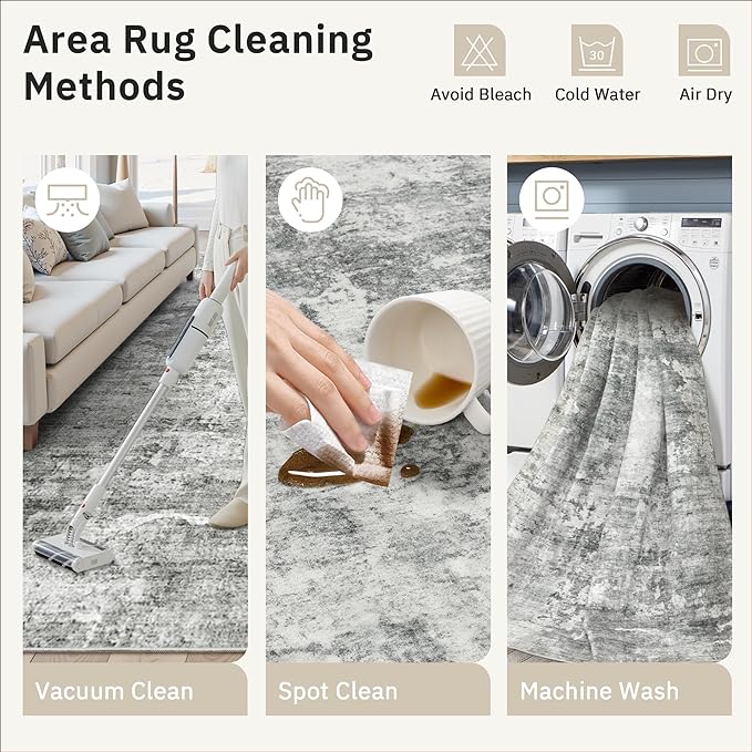 6x9 Abstract Area Rugs for Living Room 6 x 9 Washable Non Slip Low Pile Gray Rugs for Bedroom Dining Room Foldable Thin Gray White