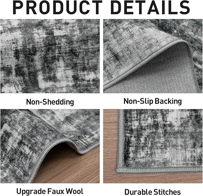 6x9 Area Rugs Washable Rug: Large Modern Abstract Living Room Rug Soft Anti-Skid Thin Carpet Indoor Floor Non-Shedding Carpets for Bedroom Dining Room Farmhouse Nursery Home Office Black