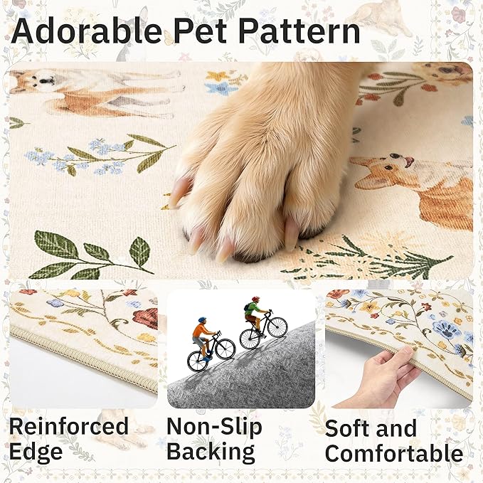 2x3 Dog Rugs for Entryway, Machine Washable Door Mat Animal Floral Small Area Rug Non-Slip Low Pile Soft Throw Rugs for Entrance Kitchen Indoor Front Door Kids Room (2 x 3,Beige)