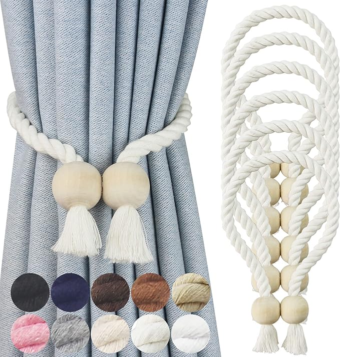 6 Pack Magnetic Curtain Tiebacks Cotton Hand Woven Tie Back Decorative Rope Holdbacks for Curtains Draperies No Tools Required, Cream