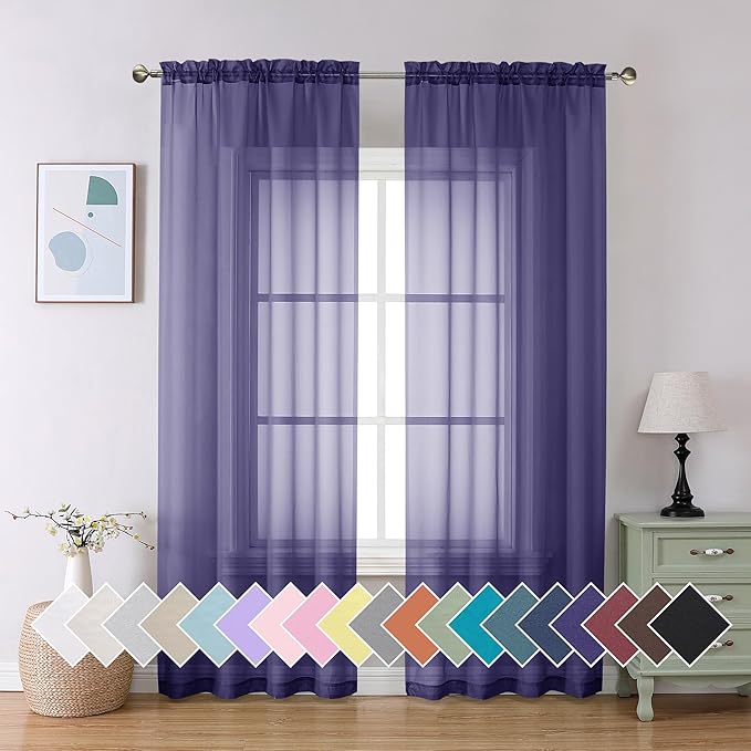 Aiyufeng Purple Sheer Curtains 84 Inches Long 2 Panels Set, Light Filtering Soft Airy Voile Rod Pocket Purple Sheer Window Drapes for Bedroom Living Room, Each 40Wx84L Inches