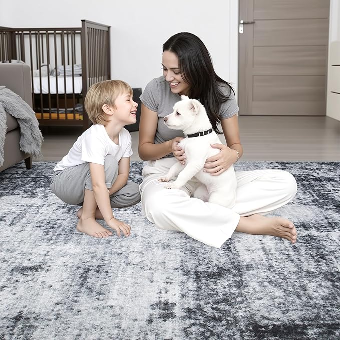 10x14 Area Rug Living Room Rug: Washable Modern Abstract Soft Thin Rug Indoor Floor No Slip Stain Resistant Carpet for Bedroom Dining Room Farmhouse Nursery Home Office - Dark-Black