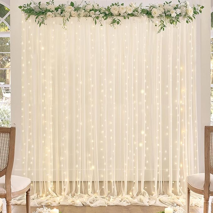 10ft x 12ft Champagne Tulle Backdrop Curtain for Parties Sheer Fabric Backdrop Curtains for Wedding Baby Shower Bridal Shower Birthday Photo Backdrop Drapes Background Decorations 2 Panels 5ft x 12ft