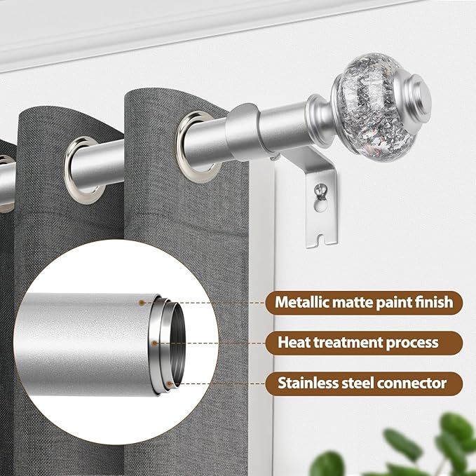 2 Pack Curtain Rod 32 to 58 Inches (2.6-4.8ft), USFOOK 7/8 Inch Telescoping Splicing Curtain rods for Windows 20 to 54 Inch, Silver Decorative Drapery Rods for Home with Translucent Finials