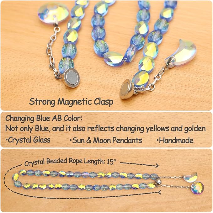 PEDOBO Magnetic Curtain Tiebacks, 2 Pack Crystal Beaded Sun & Moon Pendants Sheers/Draperies Holdbacks for Window Home Office Decor (Blue)