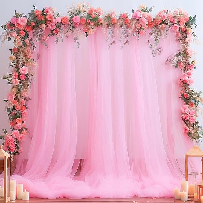 10ft x 15ft Pink Tulle Backdrop Curtain for Baby Shower Party Sheer Fabric Backdrop Curtains for Girls Birthday Gender Reveal Back Drop Wedding Photo Backdrop Drapes Background 2 Panels 5ft x 15ft