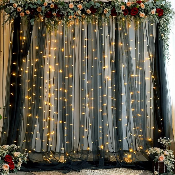 10ft x 12ft Black Tulle Backdrop Curtain for Parties Sheer Fabric Backdrop Curtains for Birthday Party Baby Shower Graduation Back Drop Wedding Photo Backdrop Drapes Background 2 Panels 5ft x 12ft