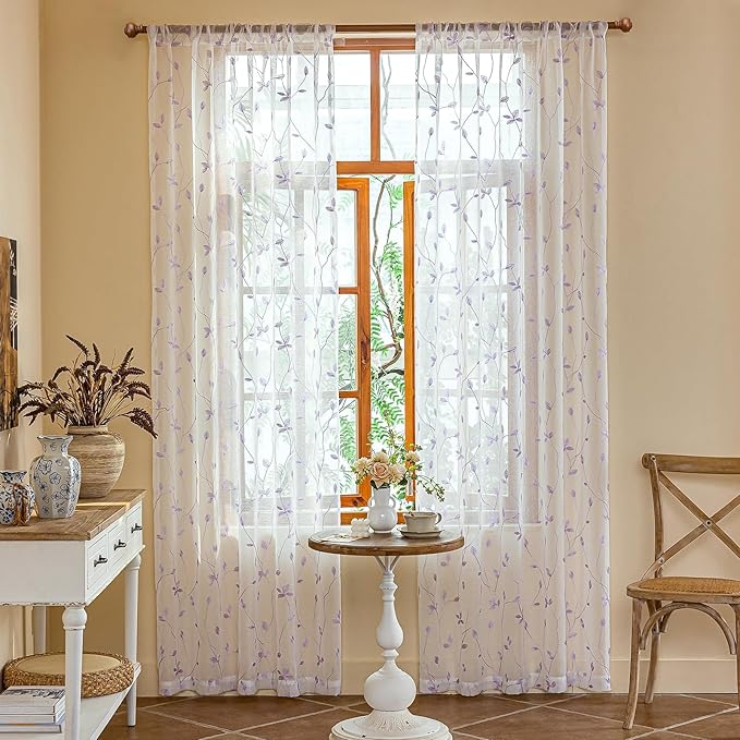 AmHoo 2 Panels Embroidered Leaf Pattern Semi Sheer Curtains Foliage Floral Voile Window Draperies Treatment for Bedroom Living Room Rod Pocket White Lavender Purple 53 x 95 Inch