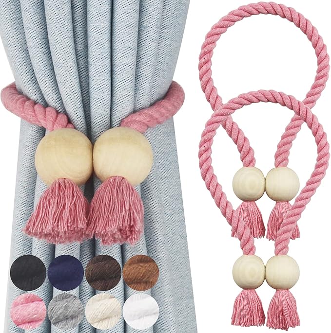 2 Pack Magnetic Curtain Tiebacks Cotton Hand Woven Tie Back Decorative Rope Holdbacks for Curtains Draperies No Tools Required, Pink