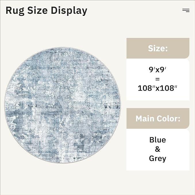 9x9 Blue/Grey Round Rug 9ft Living Room Circle Rug Vintage Round Area Rug Non Slip Indoor Carpet for Apartment