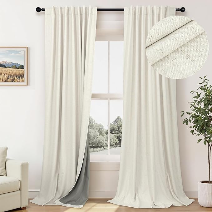 60 Inch Extra Wide Curtains for Windows 120 to 140 Blackout Linen 90 Inch Long Light Blocking Soundproof Patio Door Curtain 2 Panels Floor to Ceiling Drapes Heavy Thermal Insulated 60x90 Cream Ivory