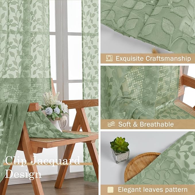 Chyhomenyc Sage Green Sheer Curtains 30 Inch Length, Light Filtering Leaf Tufted Textured Small Window Kitchen Curtain Over Sink, Short Half Window Curtains for Bathroom Basement, 30"Wx30"L, 2 Panels