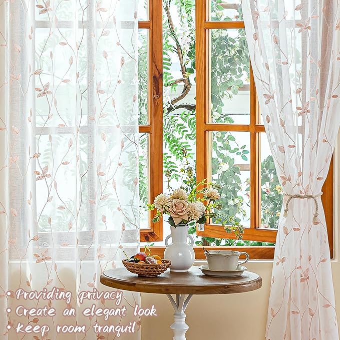AmHoo 2 Panels Embroidered Leaf Pattern Semi Sheer Curtains Foliage Floral Voile Window Draperies Treatment for Bedroom Living Room Rod Pocket White Pink 53 x 95 Inch