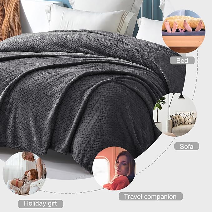 Exclusivo Mezcla Fleece King Size Blanket for Bed, 90x104 Inches Soft Cozy Jacquard Flannel Blankets, Lightweight Fuzzy Plush Warm for Women, Dark Grey