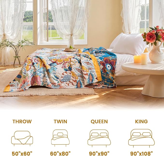 MSGKV Boho Throw Blanket 90"x108" Floral Cotton Blanket for Bed Spring Breathable Lightweight Farmhouse King Blankets Home Decor Muslin All Seasons