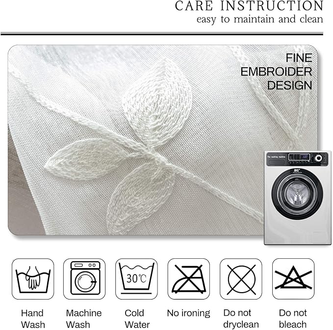 AmHoo 2 Panels Embroidered Leaf Pattern Semi Sheer Curtains Foliage Floral Voile Window Draperies Treatment for Bedroom Living Room Rod Pocket White 53 x 84 Inch