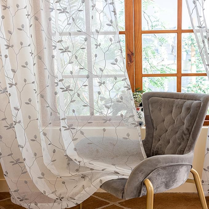 AmHoo 2 Panels Embroidered Leaf Pattern Semi Sheer Curtains Foliage Floral Voile Window Draperies Treatment for Bedroom Living Room Rod Pocket White Light Gray 53 x 63 Inch