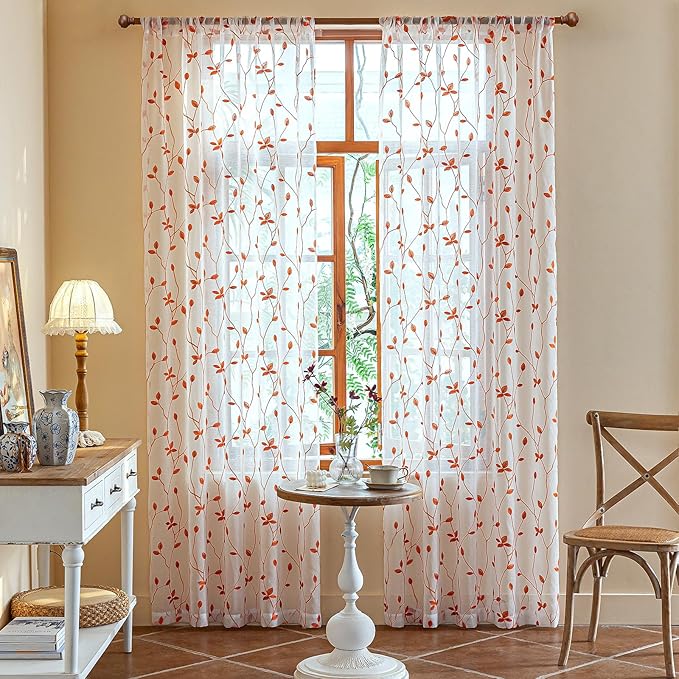 AmHoo 2 Panels Embroidered Leaf Pattern Semi Sheer Curtains Foliage Floral Voile Window Draperies Treatment for Bedroom Living Room Rod Pocket White Burnt Orange 53 x 63 Inch