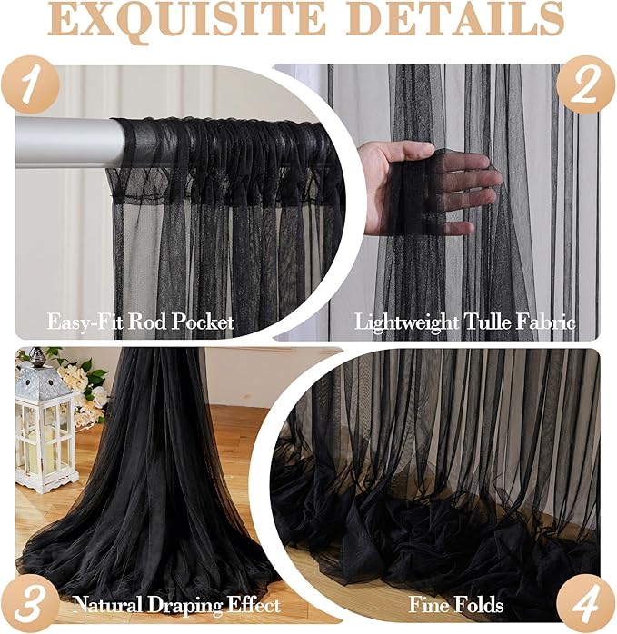 10ft x 12ft Black Tulle Backdrop Curtain for Parties Sheer Fabric Backdrop Curtains for Birthday Party Baby Shower Graduation Back Drop Wedding Photo Backdrop Drapes Background 2 Panels 5ft x 12ft