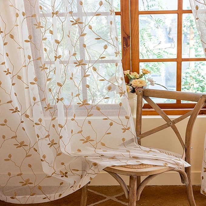 AmHoo 2 Panels Embroidered Leaf Pattern Semi Sheer Curtains Foliage Floral Voile Window Draperies Treatment for Bedroom Living Room Rod Pocket White Taupe 53 x 95 Inch