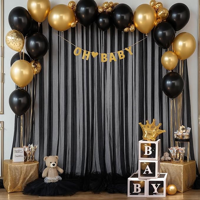 10ft x 12ft Black Tulle Backdrop Curtain for Parties Sheer Fabric Backdrop Curtains for Birthday Party Baby Shower Graduation Back Drop Wedding Photo Backdrop Drapes Background 2 Panels 5ft x 12ft