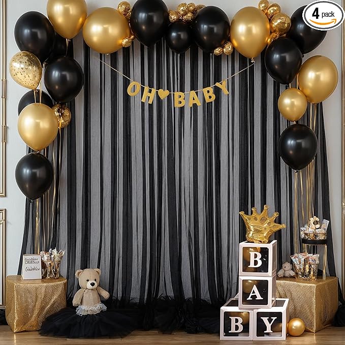 20ft x 12ft Black Tulle Backdrop Curtain for Parties Sheer Fabric Backdrop Curtains for Baby Shower Birthday Party Back Drop Wedding Graduation Photo Backdrop Drapes Background 4 Panels 5ft x 12ft