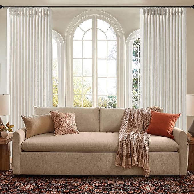 60 Inch Extra Width Pinch Pleated Curtains for Living Room, Light Filtering Modern Privacy Pleated Linen Sheer Curtain with Hooks Rings Back Tab Drapes for Sliding Door, Natural, 1 Panel, W60xL90