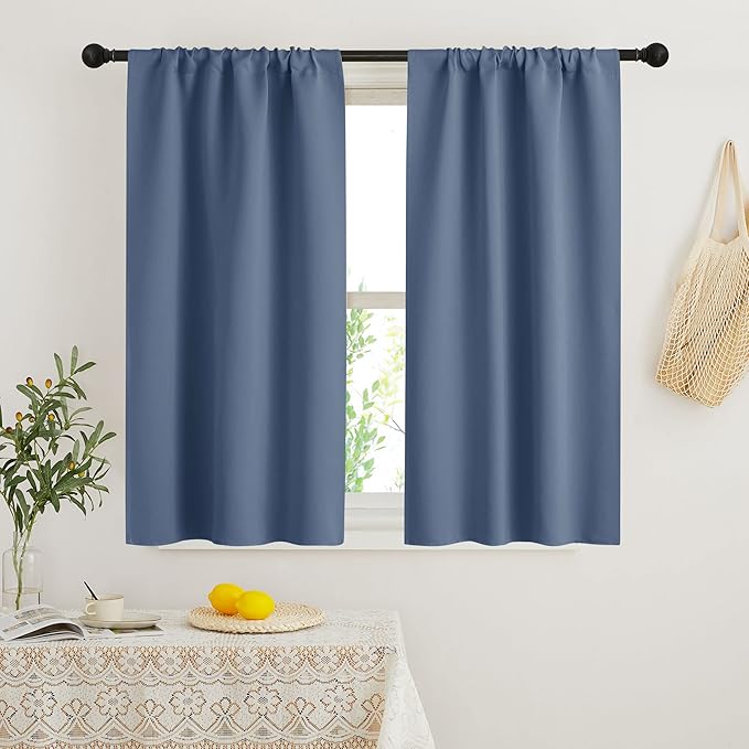 RYB HOME Blackout French Door Window Curtain Covering, Rod Pocket Thermal Insulated Privacy Non See Through Drapes for Bathroom Window, Width 29 by Length 45, Stone Blue, 2 Panels