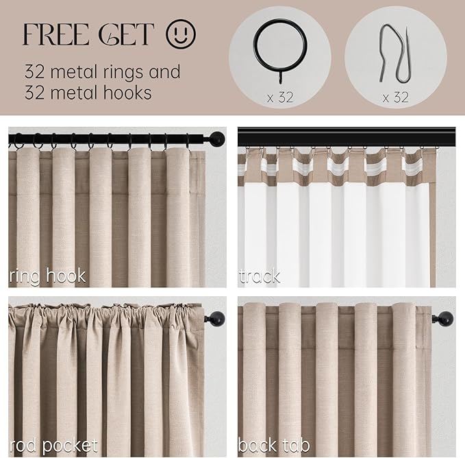 96 inch long blackout window curtains 2 Panels for bedroom 100% Black out Linen texture Curtain Vintage Farmhouse Drapes with Back Tab Rod Pocket Pinch pleated Thermal Insulated Panel for Living Room