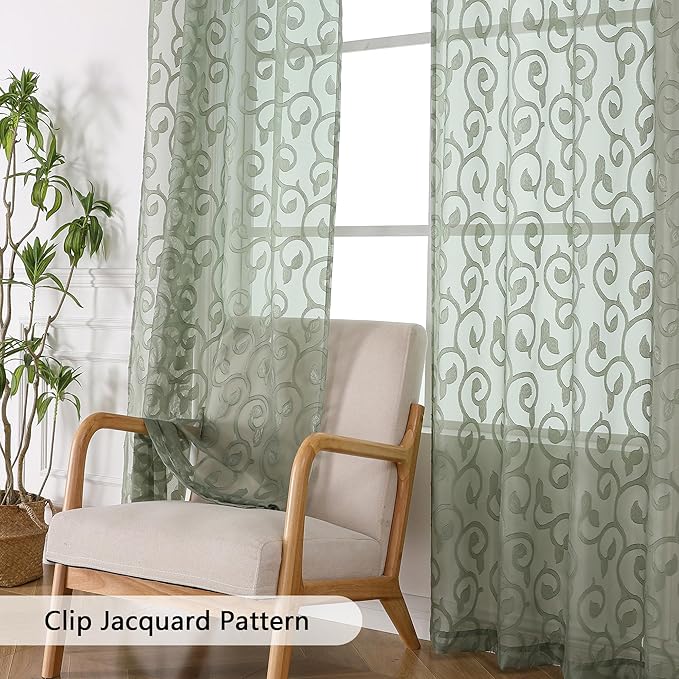 OWENIE Furman Sage Green Semi Sheer Curtains 72 inches Long for Bedroom Living Room 2 Panels Set, Light Filtering Door Curtains Elegant Clip Jacquard, Rod Pocket Window Treatments, 2 Pcs = 84" Width