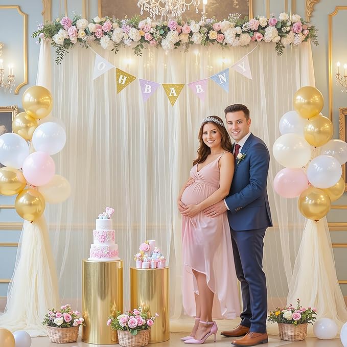 10ft x 15ft Champagne Tulle Backdrop Curtain for Parties Sheer Fabric Backdrop Curtains for Wedding Baby Shower Bridal Shower Birthday Photo Backdrop Drapes Background Decorations 2 Panels 5ft x 15ft