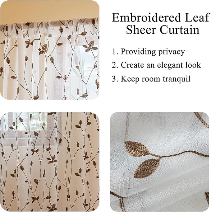 AmHoo 2 Panels Embroidered Leaf Pattern Semi Sheer Curtains Foliage Floral Voile Window Draperies Treatment for Bedroom Living Room Rod Pocket White Brown 53 x 95 Inch